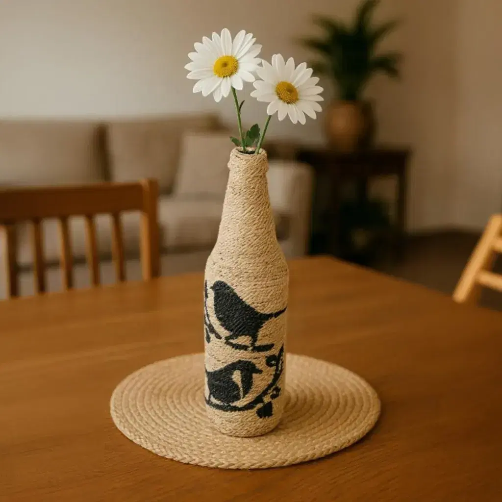 Hand-Painted Banana Fiber Wrapped Bottle